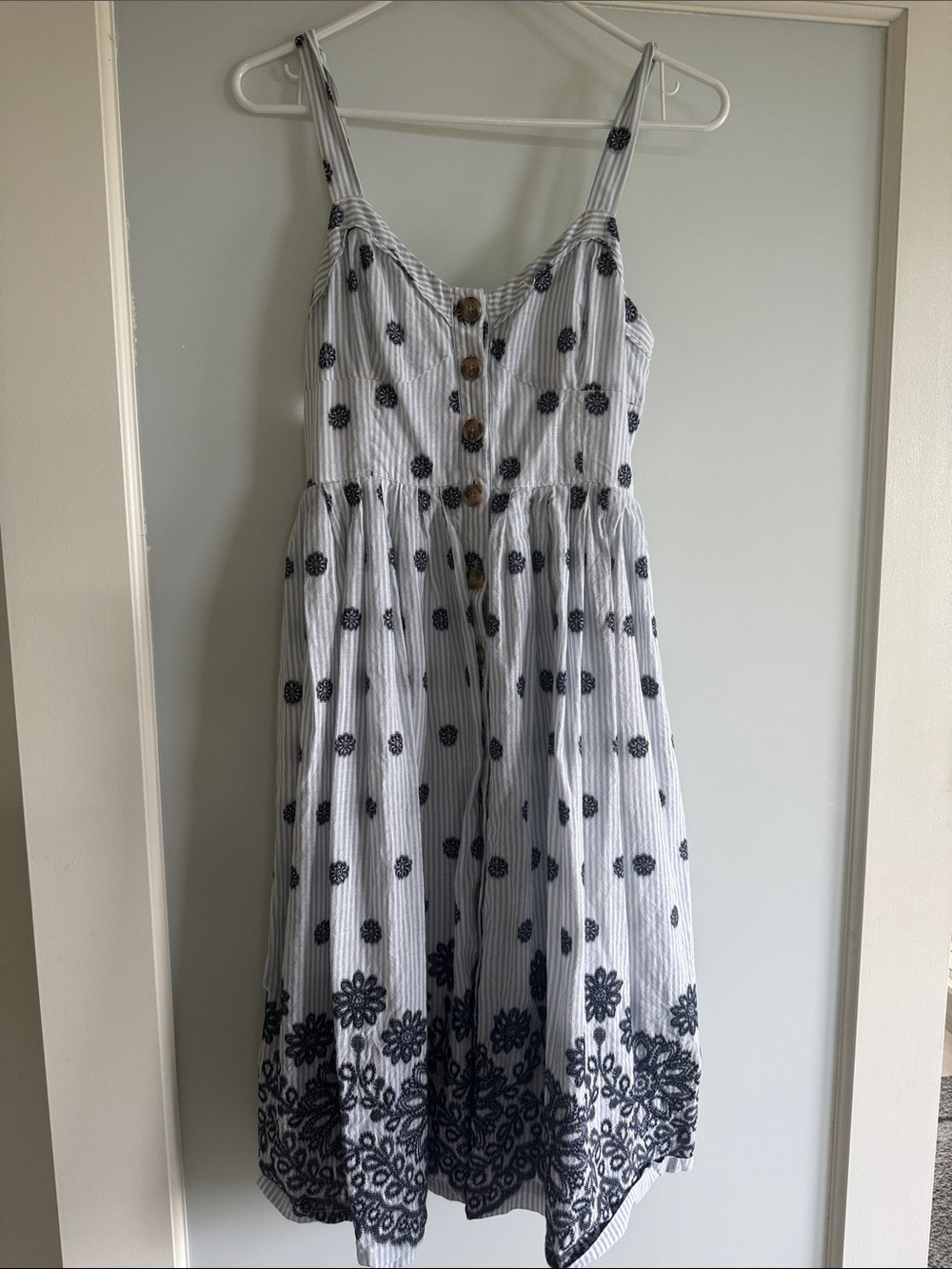 Anthropologie White Sundress with Navy Floral Embroidery